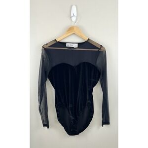 The Icing Vtg 80's Black Velvet‎ Sheer Mesh Bodysuit Long Sleeve Lg Whimsey Goth